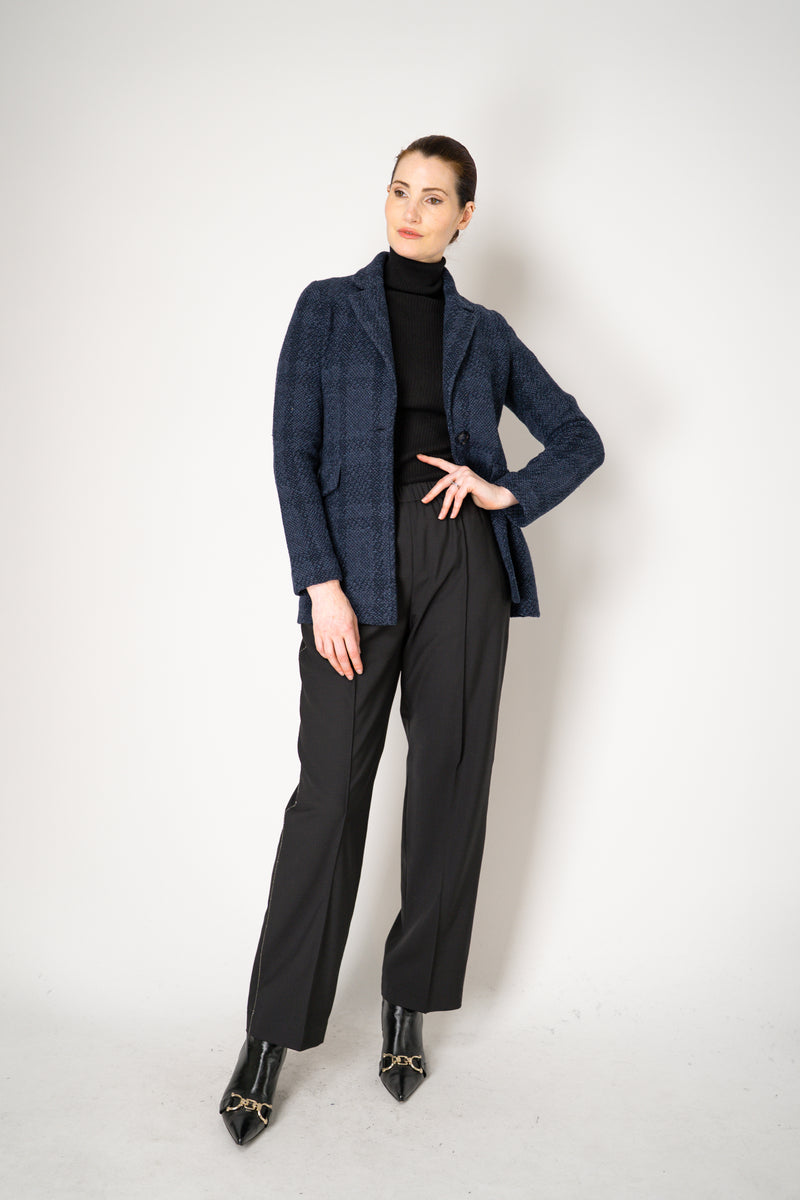 Amina Rubinacci Wool Cashmere Knit Check Blazer Jacket in Navy Vancouver. Shop Online or in Store.