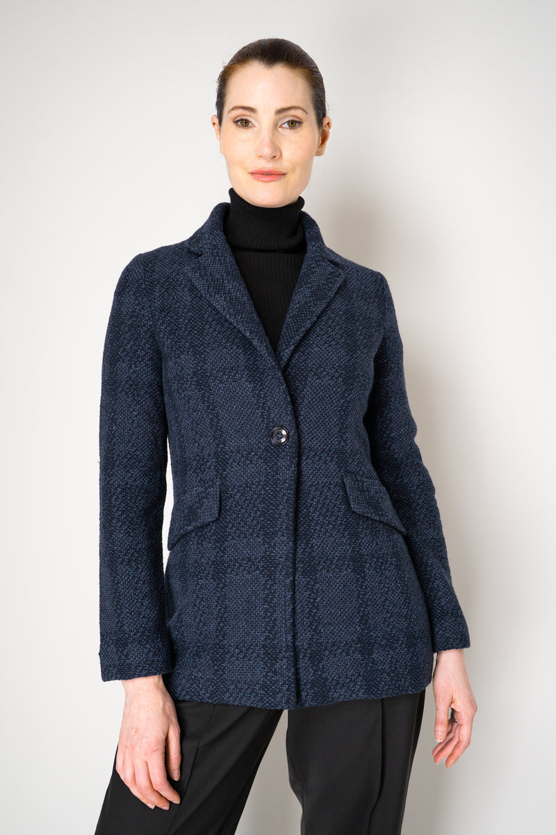 Amina Rubinacci Wool Cashmere Knit Check Blazer Jacket in Navy Vancouver. Shop Online or in Store.