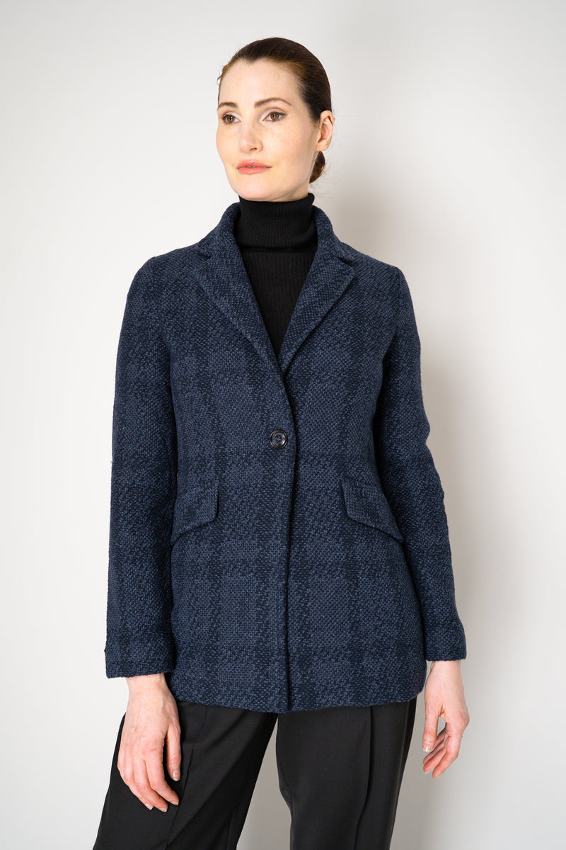 Amina Rubinacci Wool Cashmere Knit Check Blazer Jacket in Navy Vancouver. Shop Online or in Store.