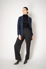 Amina Rubinacci Wool Cashmere Knit Check Blazer Jacket in Navy Vancouver. Shop Online or in Store.