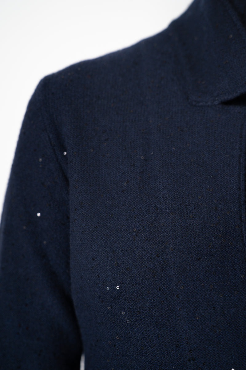 Amina Rubinacci Wool Cashmere Knit Sequined Cardigan in Navy Vancouver. Shop Online or in Store.