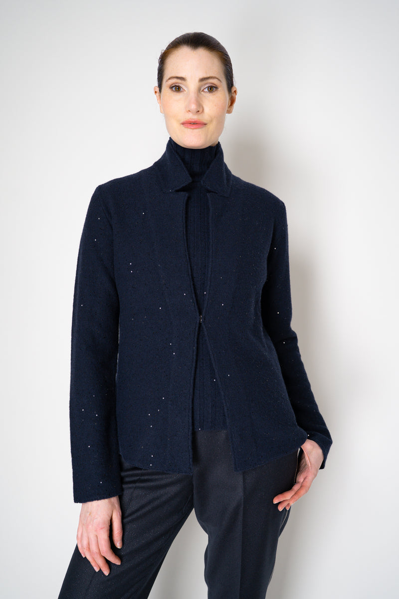 Amina Rubinacci Wool Cashmere Knit Sequined Cardigan in Navy Vancouver. Shop Online or in Store.