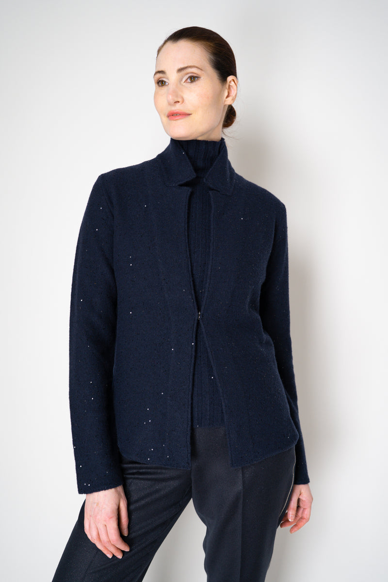 Amina Rubinacci Wool Cashmere Knit Sequined Cardigan in Navy Vancouver. Shop Online or in Store.