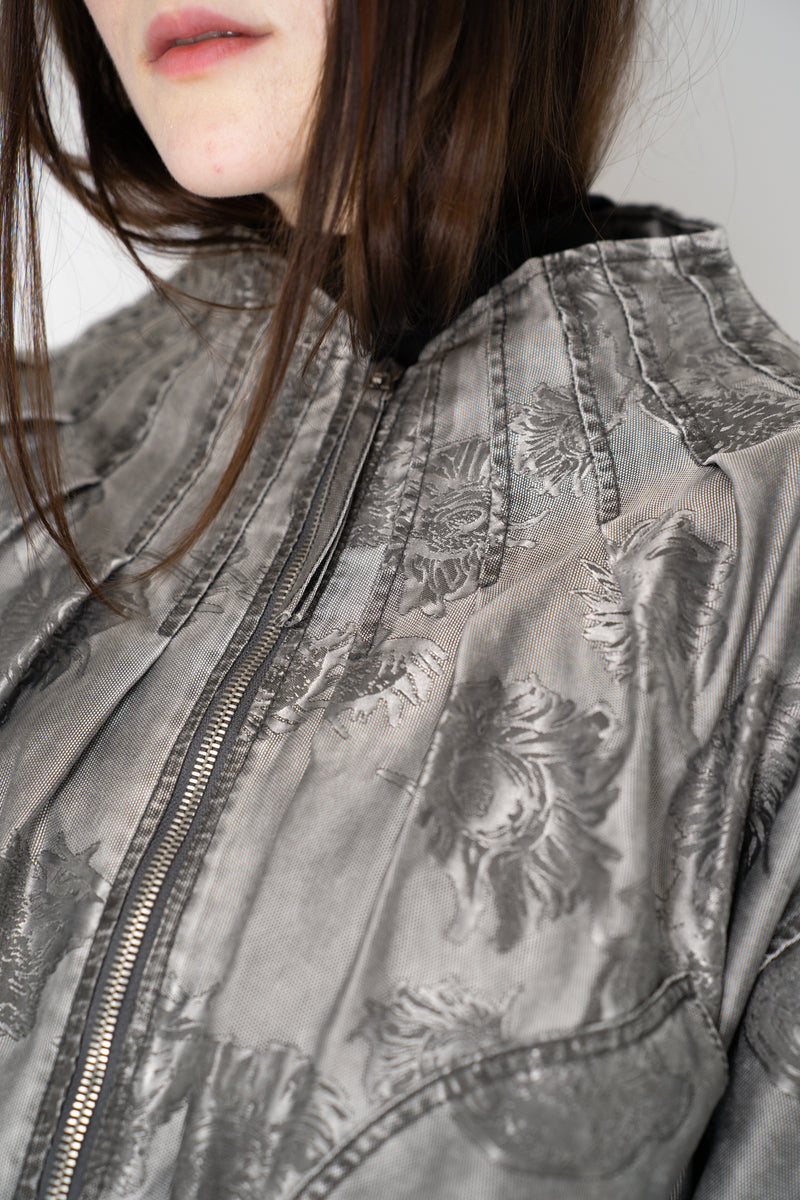 Annette Gortz Cropped Brocade Intarsia Floral Motif Jacket in Silver Vancouver. Shop Online or in Store.
