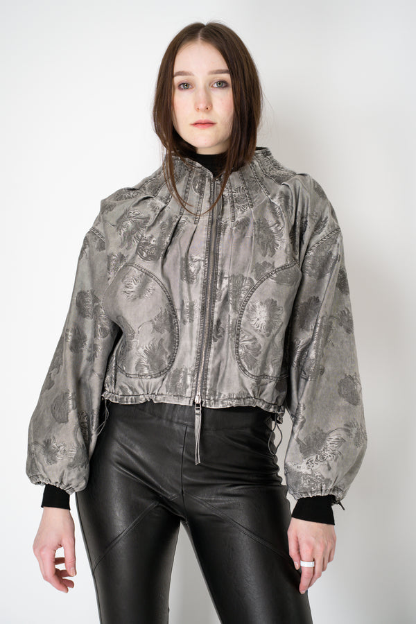 Annette Gortz Cropped Brocade Intarsia Floral Motif Jacket in Silver Vancouver. Shop Online or in Store.