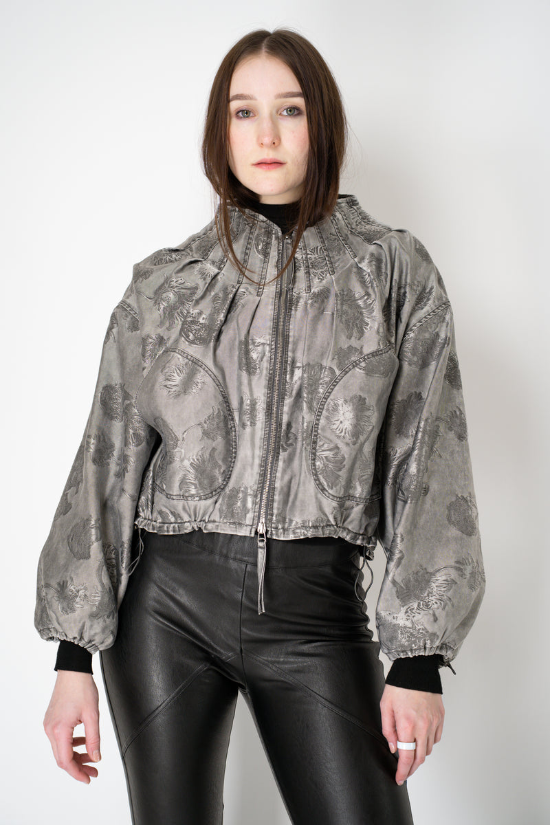 Annette Gortz Cropped Brocade Intarsia Floral Motif Jacket in Silver Vancouver. Shop Online or in Store.