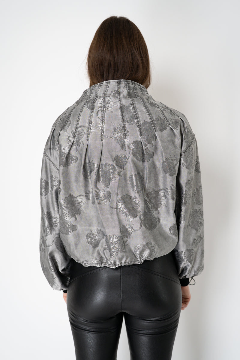 Annette Gortz Cropped Brocade Intarsia Floral Motif Jacket in Silver Vancouver. Shop Online or in Store.