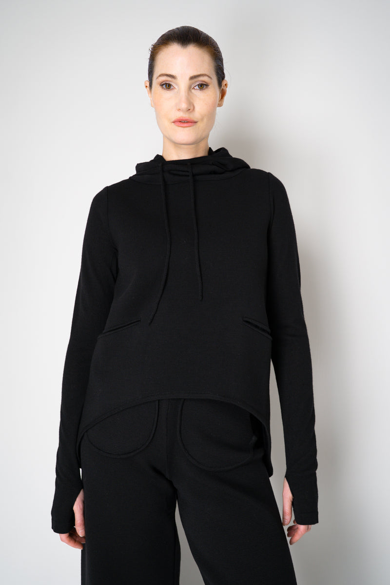 Annette Gortz Knit Merino Wool O-Shape Hemline Hooded Pullover in Black Vancouver. Shop Online or in Store.