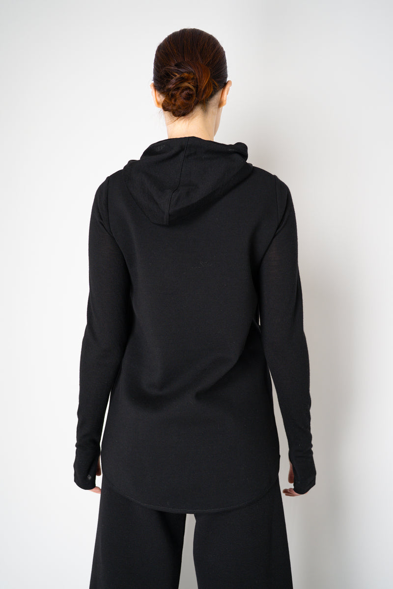 Annette Gortz Knit Merino Wool O-Shape Hemline Hooded Pullover in Black Vancouver. Shop Online or in Store.