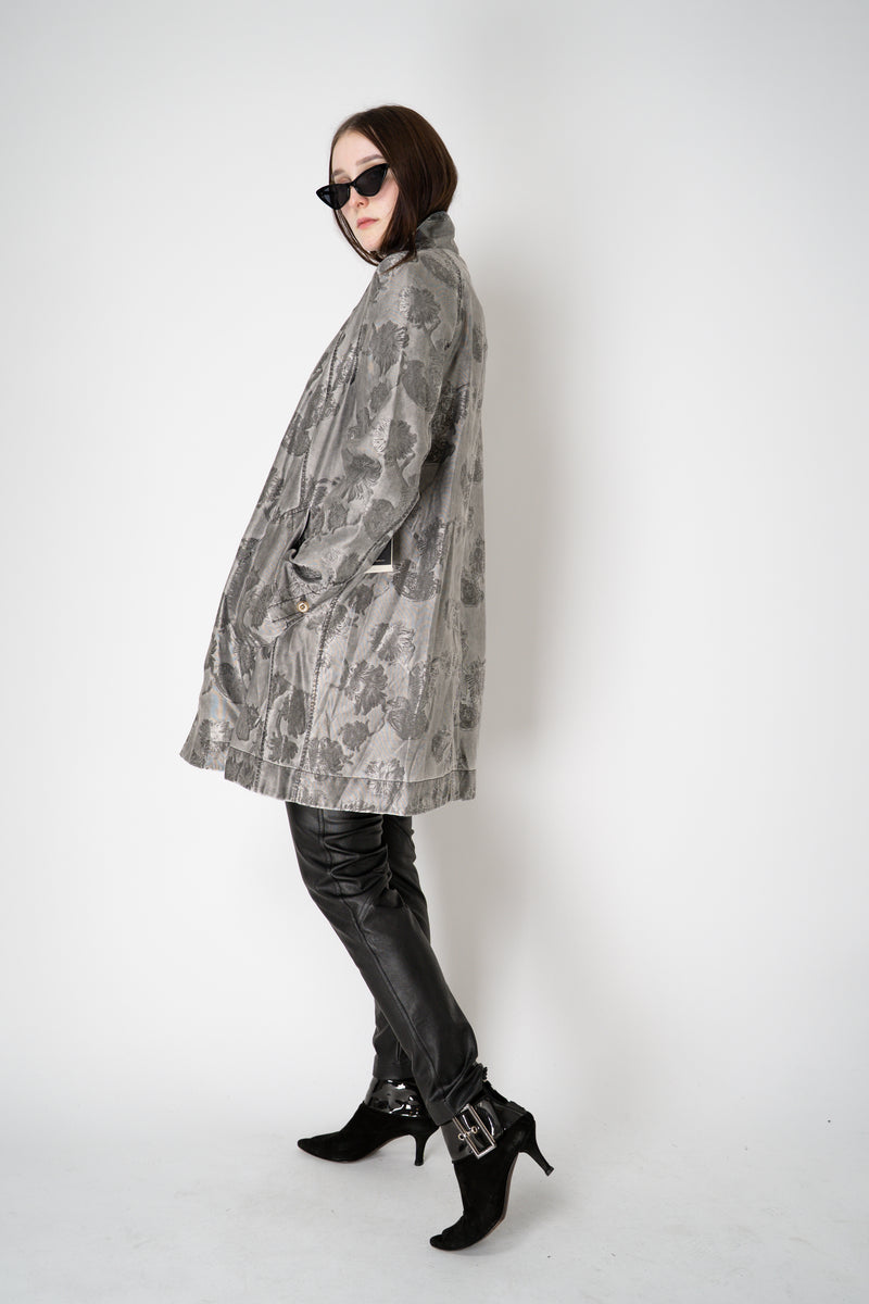 Annette Gortz Long A-line Brocade Intarsia Floral Motif Jacket in Silver Vancouver. Shop Online or in Store.