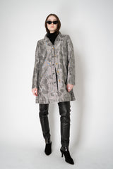 Annette Gortz Long A-line Brocade Intarsia Floral Motif Jacket in Silver Vancouver. Shop Online or in Store.