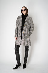 Annette Gortz Long A-line Brocade Intarsia Floral Motif Jacket in Silver Vancouver. Shop Online or in Store.