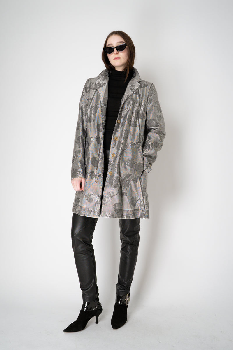 Annette Gortz Long A-line Brocade Intarsia Floral Motif Jacket in Silver Vancouver. Shop Online or in Store.