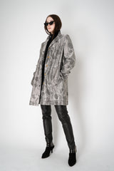 Annette Gortz Long A-line Brocade Intarsia Floral Motif Jacket in Silver Vancouver. Shop Online or in Store.
