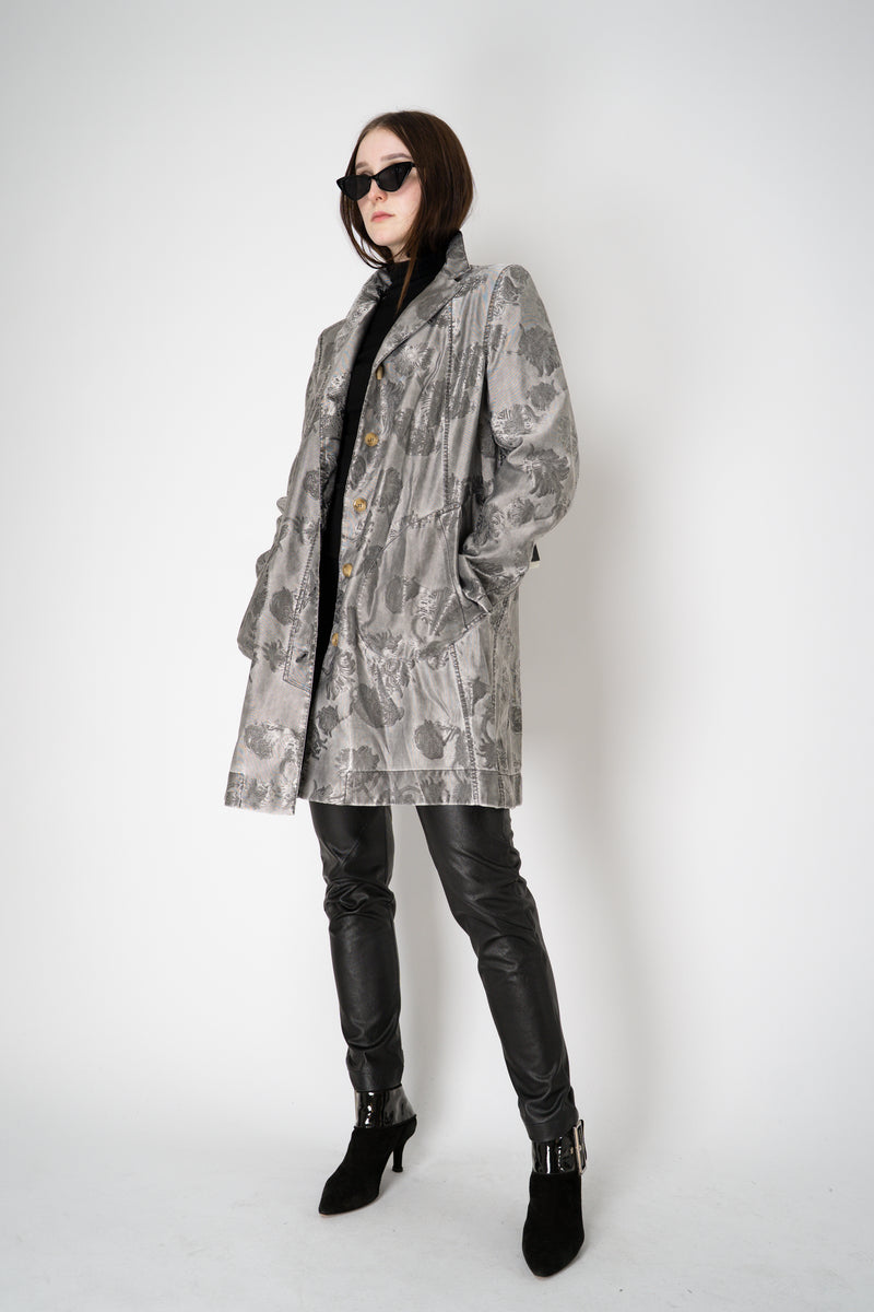 Annette Gortz Long A-line Brocade Intarsia Floral Motif Jacket in Silver Vancouver. Shop Online or in Store.