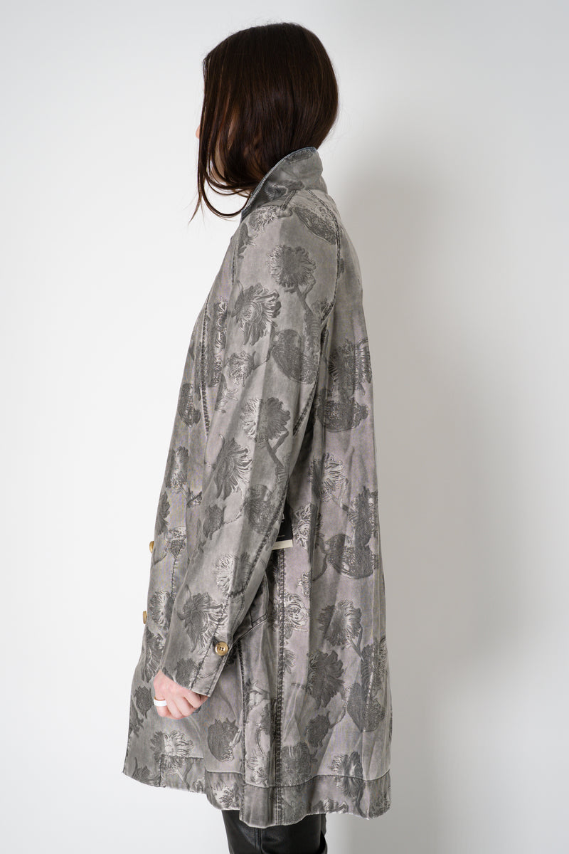 Annette Gortz Long A-line Brocade Intarsia Floral Motif Jacket in Silver Vancouver. Shop Online or in Store.