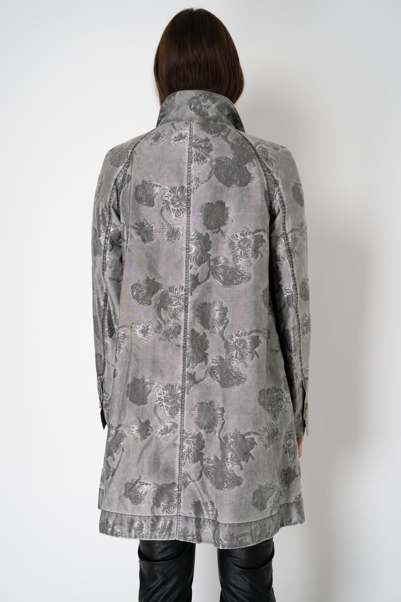Annette Gortz Long A-line Brocade Intarsia Floral Motif Jacket in Silver Vancouver. Shop Online or in Store.