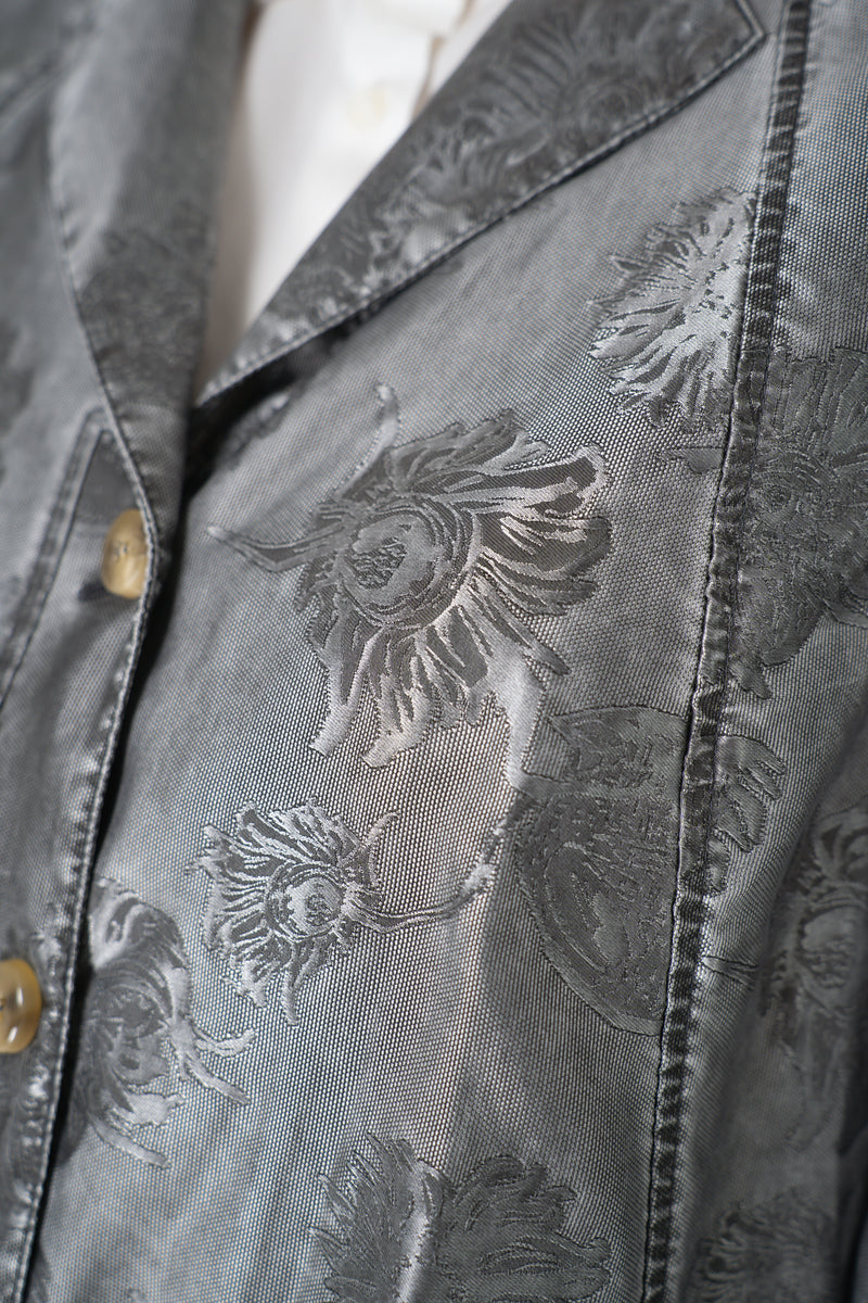 Annette Gortz Long A-line Brocade Intarsia Floral Motif Jacket in Silver Vancouver. Shop Online or in Store.