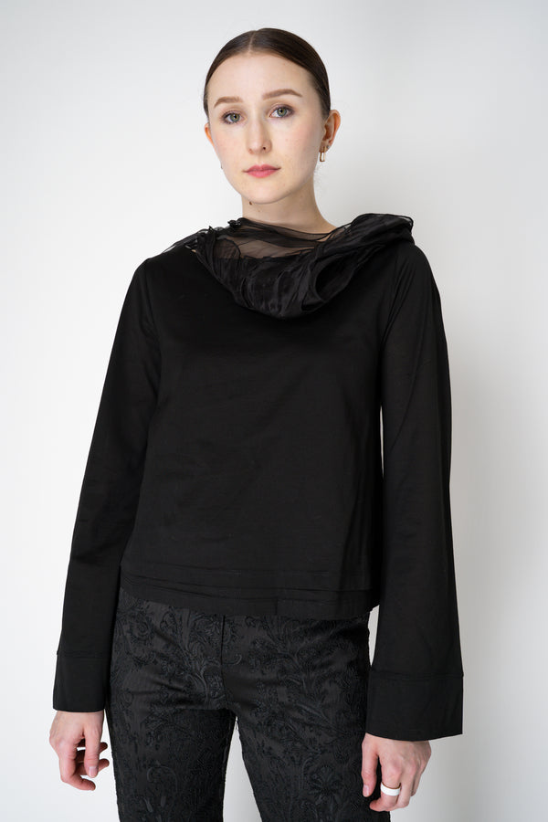 Annette Gortz Long Sleeve Jersey Top with Layered Crumple Organza Neckline in Black Vancouver. Shop Online or in Store.