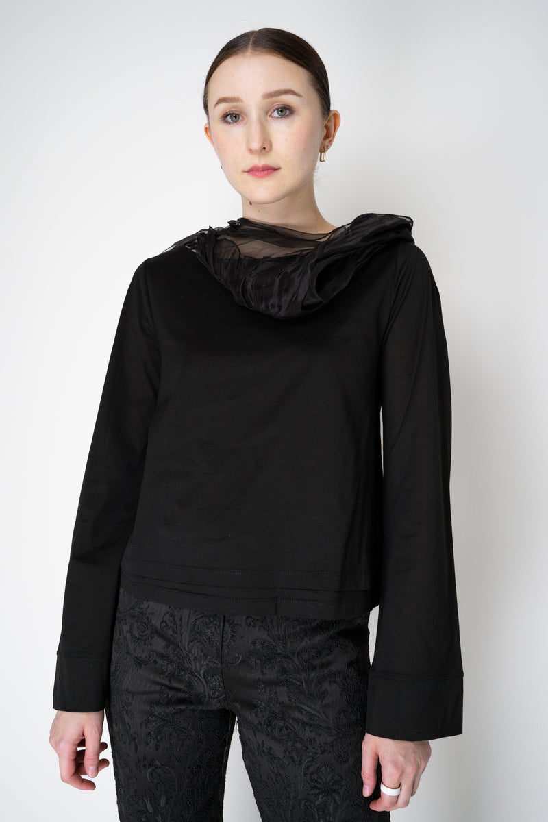 Annette Gortz Long Sleeve Jersey Top with Layered Crumple Organza Neckline in Black Vancouver. Shop Online or in Store.