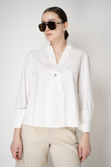 Annette Gortz Relaxed A-line Cotton Poplin Blouse with Open Notch Collar in White Vancouver. Shop Online or in Store.