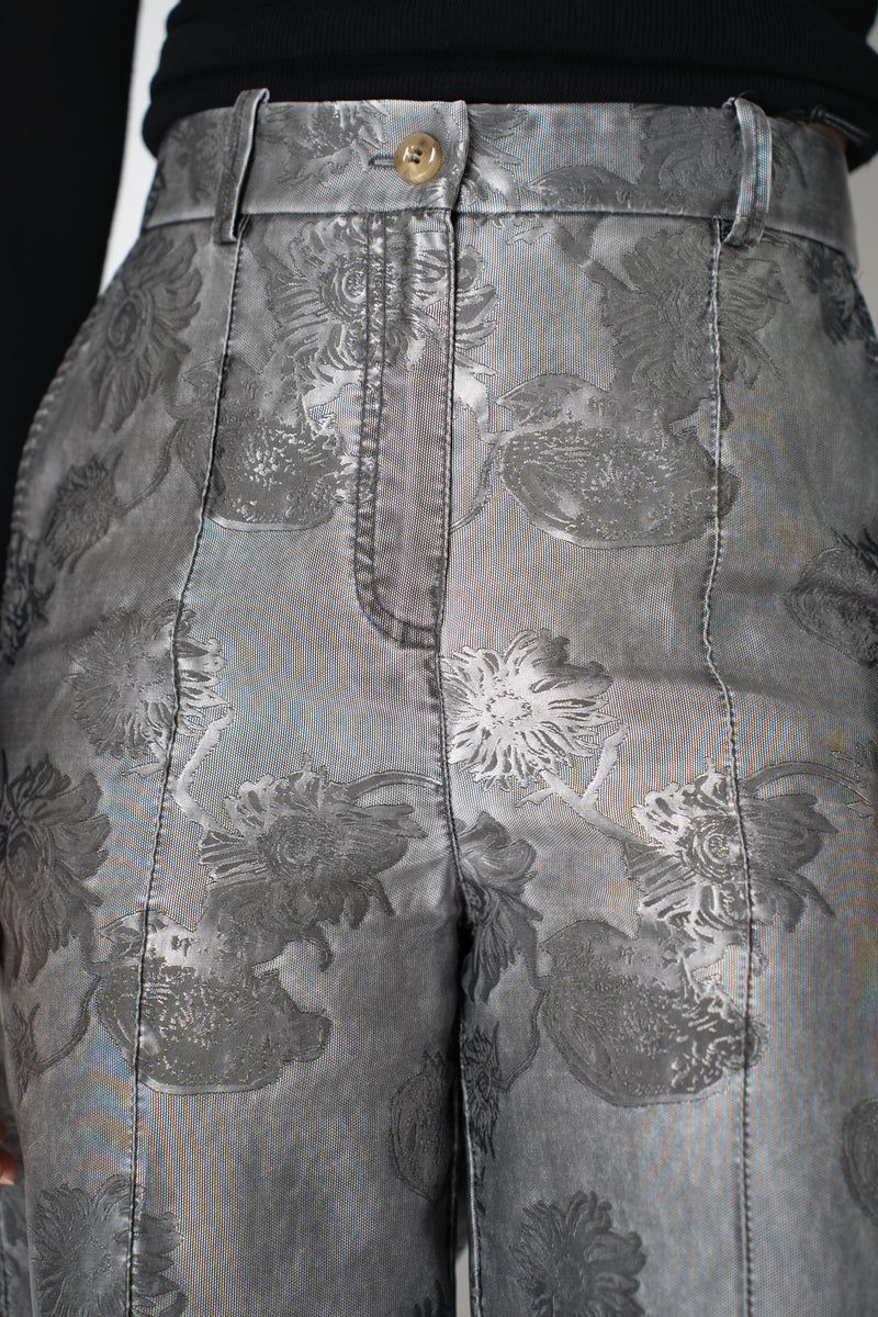 Annette Gortz Straight Leg Brocade Intarsia Floral Motif Trousers in Silver Vancouver. Shop Online or in Store.