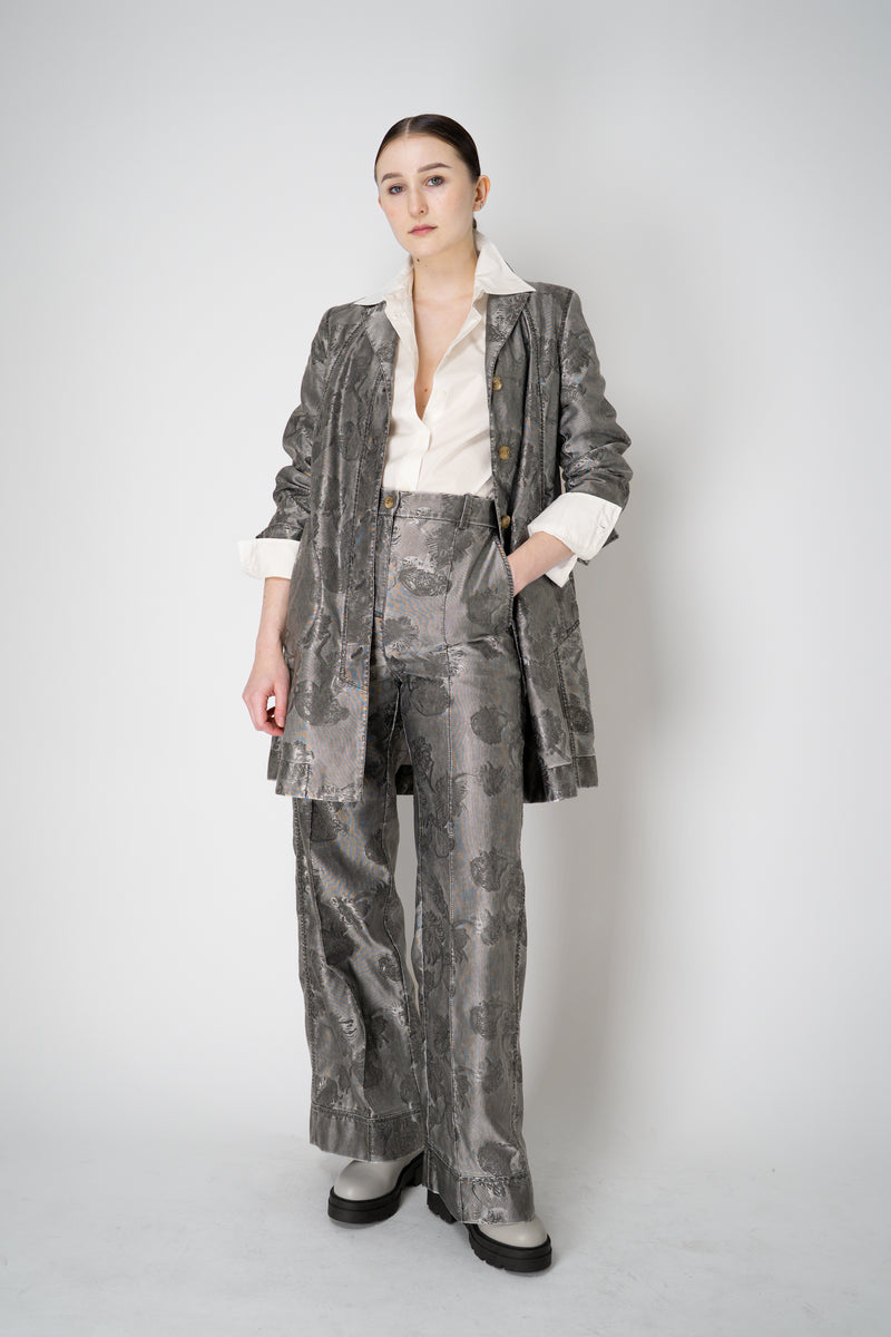 Annette Gortz Straight Leg Brocade Intarsia Floral Motif Trousers in Silver Vancouver. Shop Online or in Store.