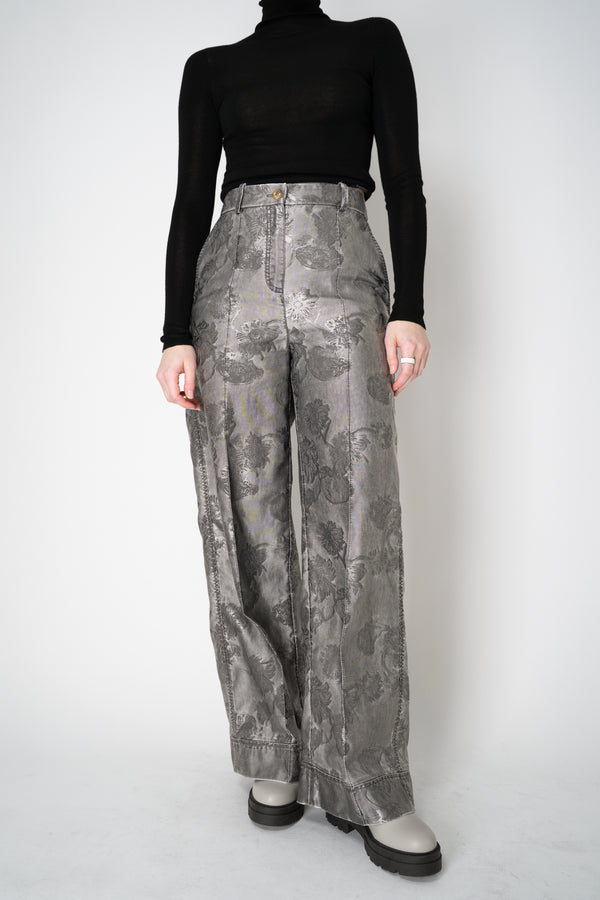 Annette Gortz Straight Leg Brocade Intarsia Floral Motif Trousers in Silver Vancouver. Shop Online or in Store.