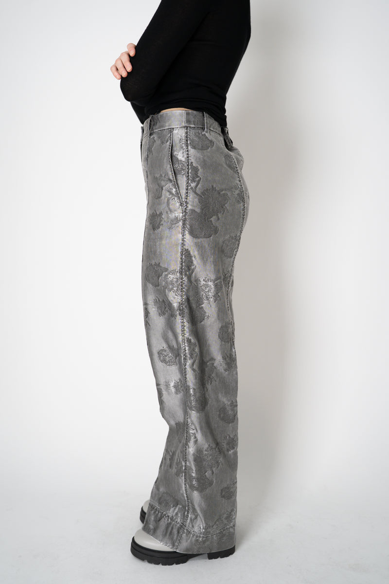 Annette Gortz Straight Leg Brocade Intarsia Floral Motif Trousers in Silver Vancouver. Shop Online or in Store.