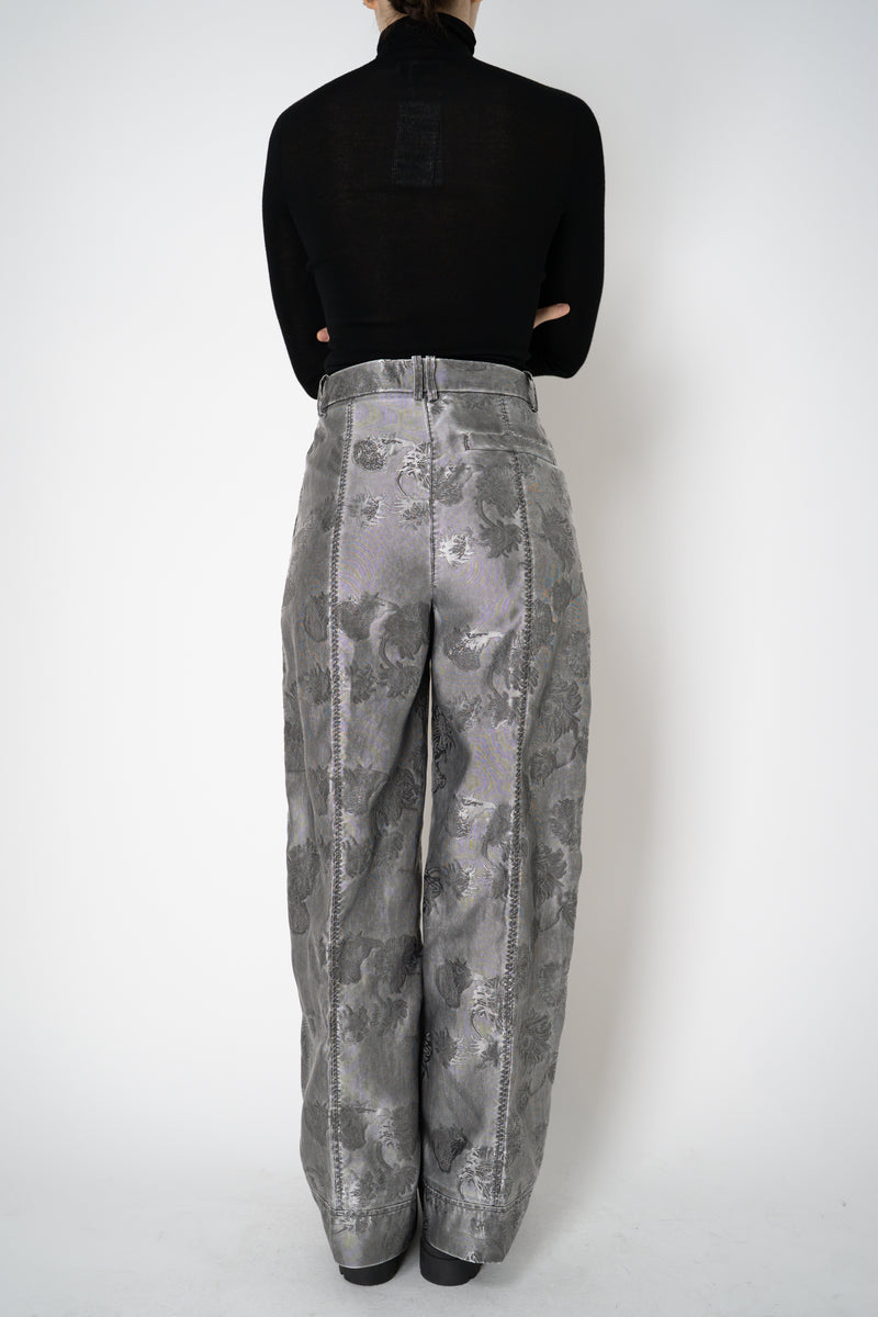 Annette Gortz Straight Leg Brocade Intarsia Floral Motif Trousers in Silver Vancouver. Shop Online or in Store.