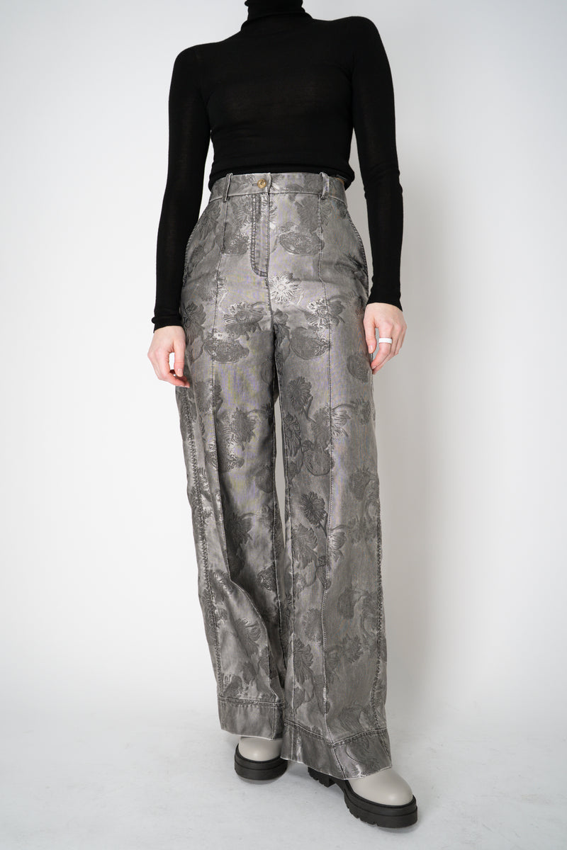 Annette Gortz Straight Leg Brocade Intarsia Floral Motif Trousers in Silver Vancouver. Shop Online or in Store.