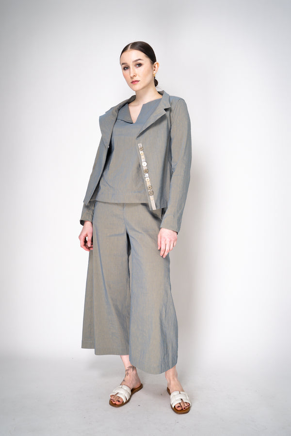 Annette Gortz Stretch Linen Collectors Button Embellished Jacket in Iridescent Blue/Grey Vancouver. Shop Online or in Store