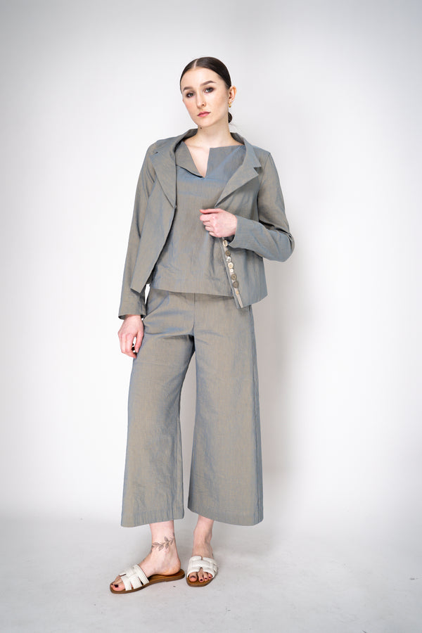 Annette Gortz Stretch Linen Collectors Button Embellished Jacket in Iridescent Blue/Grey Vancouver. Shop Online or in Store