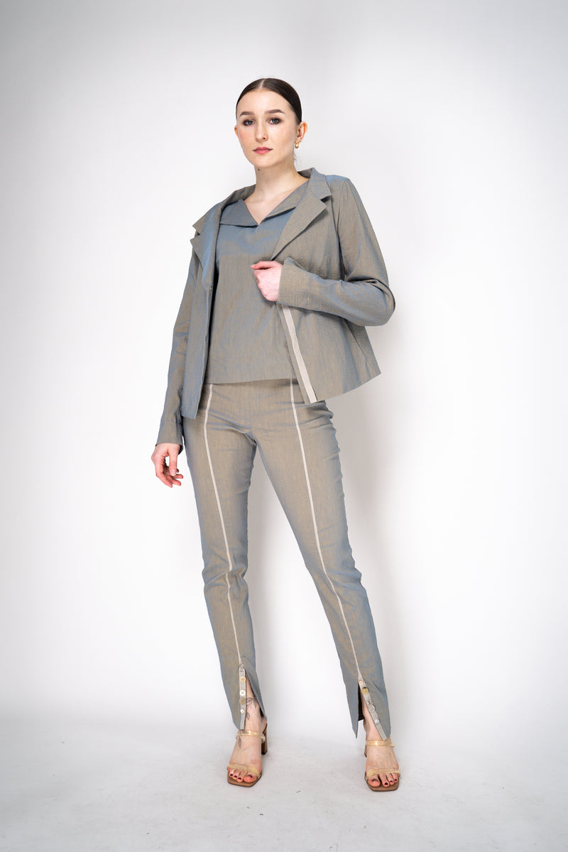 Annette Gortz Stretch Linen Single Breasted Jacket in Iridescent Blue/Grey Vancouver. Shop Online or in Store