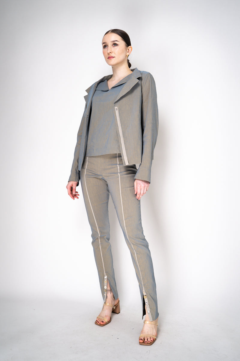 Annette Gortz Stretch Linen Single Breasted Jacket in Iridescent Blue/Grey Vancouver. Shop Online or in Store