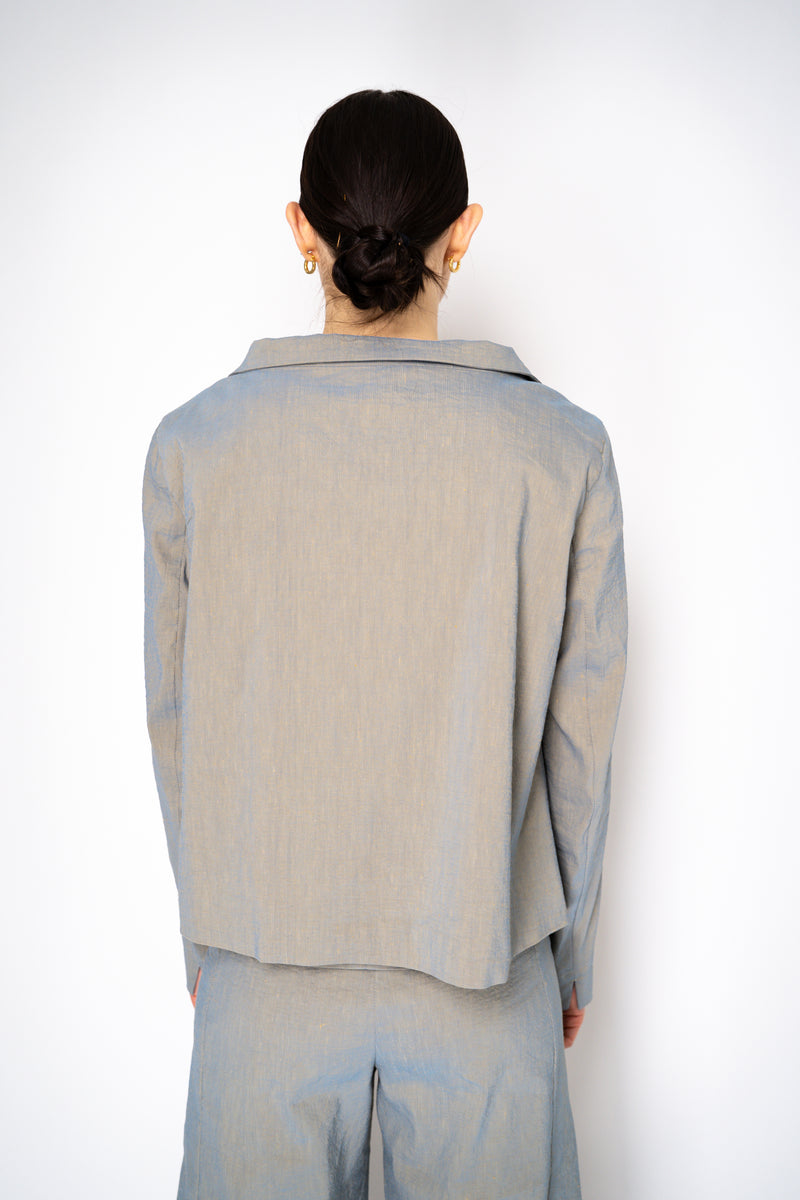 Annette Gortz Stretch Linen Single Breasted Jacket in Iridescent Blue/Grey Vancouver. Shop Online or in Store