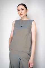 Annette Gortz Stretch Linen Slit Boat Neck Sleeveless Top in Iridescent Blue/Grey Vancouver. Shop Online or in Store