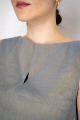 Annette Gortz Stretch Linen Slit Boat Neck Sleeveless Top in Iridescent Blue/Grey Vancouver. Shop Online or in Store