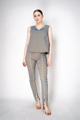 Annette Gortz Stretch Linen Slit Boat Neck Sleeveless Top in Iridescent Blue/Grey Vancouver. Shop Online or in Store