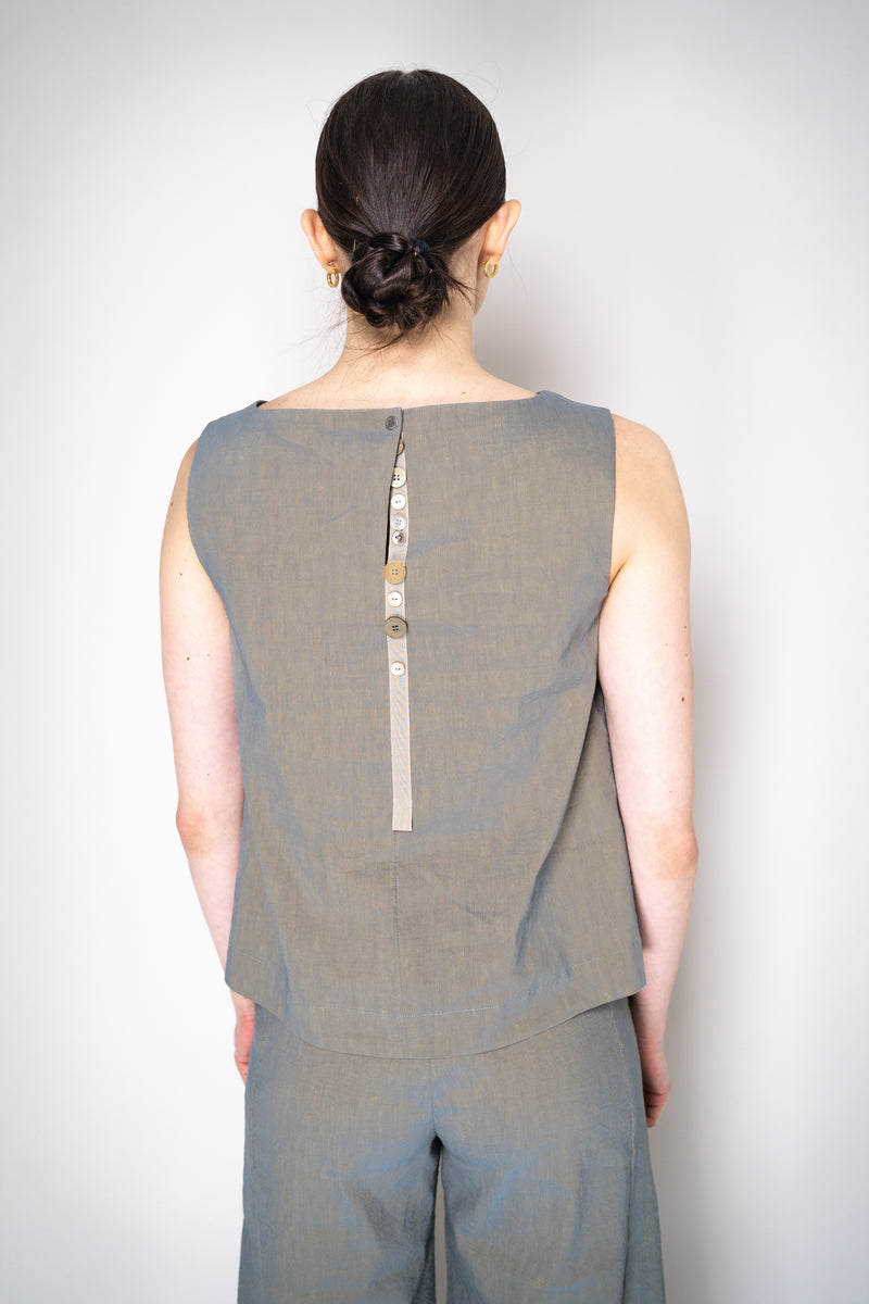 Annette Gortz Stretch Linen Slit Boat Neck Sleeveless Top in Iridescent Blue/Grey Vancouver. Shop Online or in Store