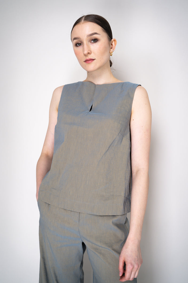 Annette Gortz Stretch Linen Slit Boat Neck Sleeveless Top in Iridescent Blue/Grey Vancouver. Shop Online or in Store