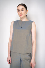 Annette Gortz Stretch Linen Slit Boat Neck Sleeveless Top in Iridescent Blue/Grey Vancouver. Shop Online or in Store