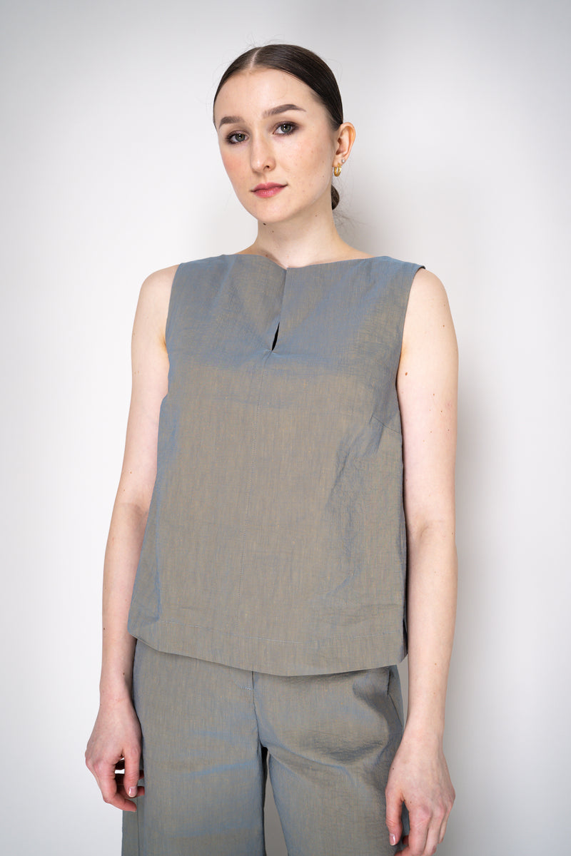 Annette Gortz Stretch Linen Slit Boat Neck Sleeveless Top in Iridescent Blue/Grey Vancouver. Shop Online or in Store