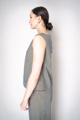 Annette Gortz Stretch Linen Slit Boat Neck Sleeveless Top in Iridescent Blue/Grey Vancouver. Shop Online or in Store