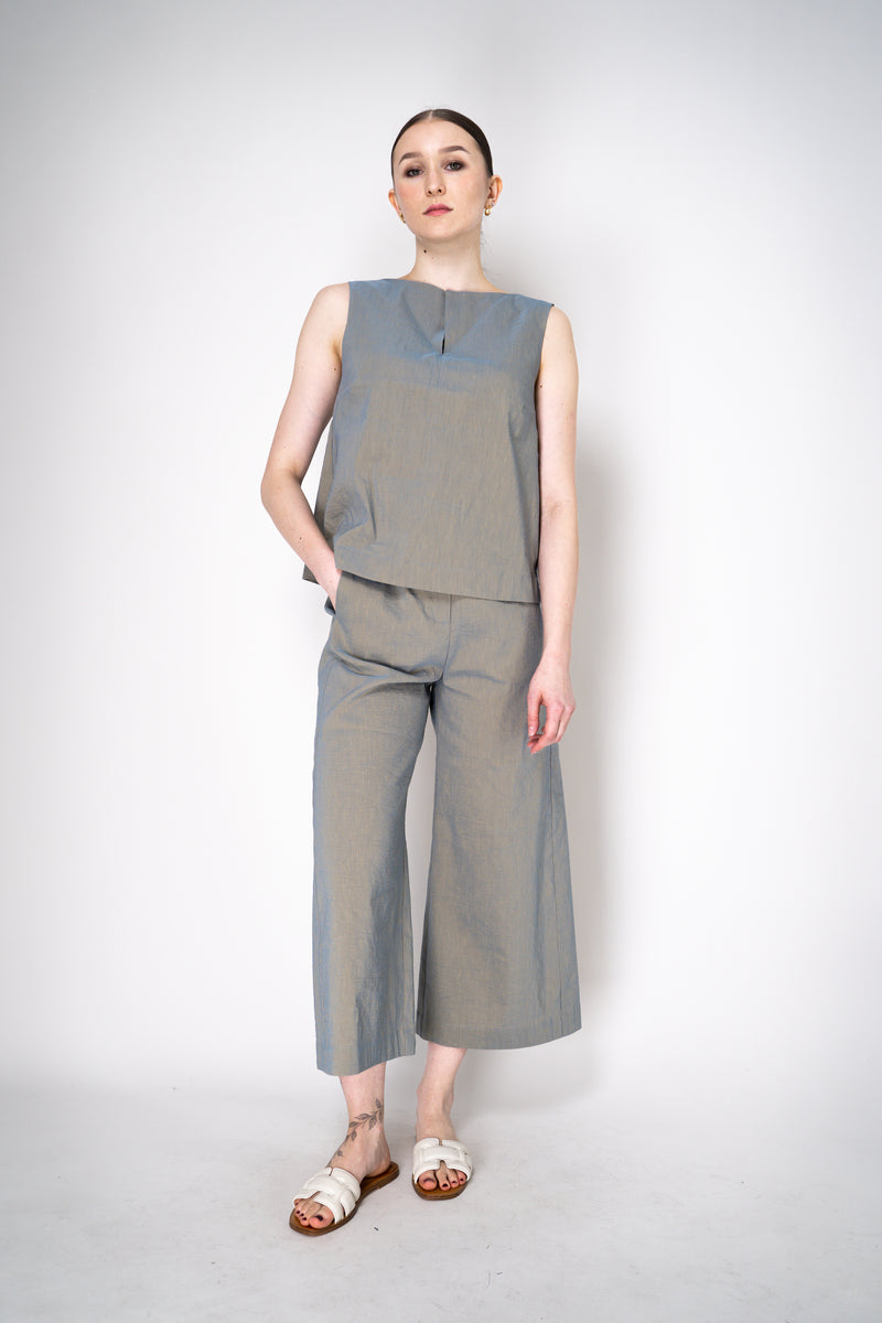 Annette Gortz Stretch Linen Wide Leg Cropped Pants in Iridescent Blue/Grey Vancouver. Shop Online or in Store