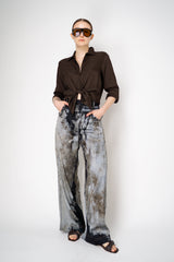 Annette Gortz Viscose Silk Printed Denim Trousers in Navy and Beige Vancouver. Shop Online or in Store.
