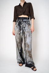 Annette Gortz Viscose Silk Printed Denim Trousers in Navy and Beige Vancouver. Shop Online or in Store.