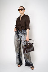 Annette Gortz Viscose Silk Printed Denim Trousers in Navy and Beige Vancouver. Shop Online or in Store.
