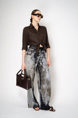Annette Gortz Viscose Silk Printed Denim Trousers in Navy and Beige Vancouver. Shop Online or in Store.