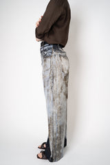 Annette Gortz Viscose Silk Printed Denim Trousers in Navy and Beige Vancouver. Shop Online or in Store.